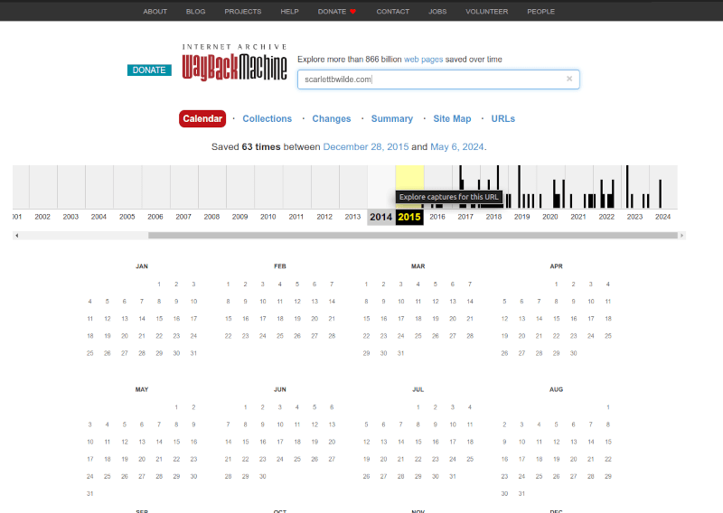 Screenshot of website wayback machine showing the date of scarlettbwilde.com 