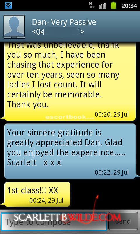 Screenshot of text sent to Scarlett B Wilde. CLIENT: That was unbelievable, thank you so much, I have been chasing that experience for over ten years, seen so many ladies I lost count. I will certainly be memorable. Thank You
