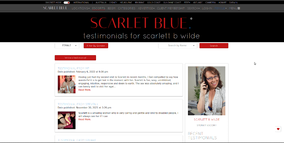 Screenshot of Testimonial page on Scarlet Blue