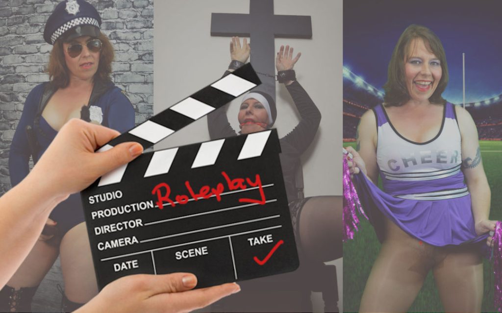 Three separate photos of Scarlett  B Wilde dressed in role play costumes. A female hand holds a movie clapper board  with the word ' roleplay' written in red ink over the whole image. 