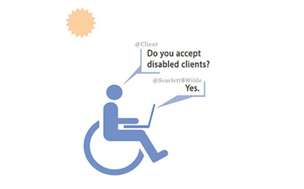 Graphic of client in a wheelchair asking if service is disability friendly. Answered Yes.