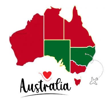 Map of Australia with all states in Red besides South Australia and New South Wales which are green