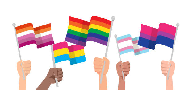 different queer flags raised by many hands