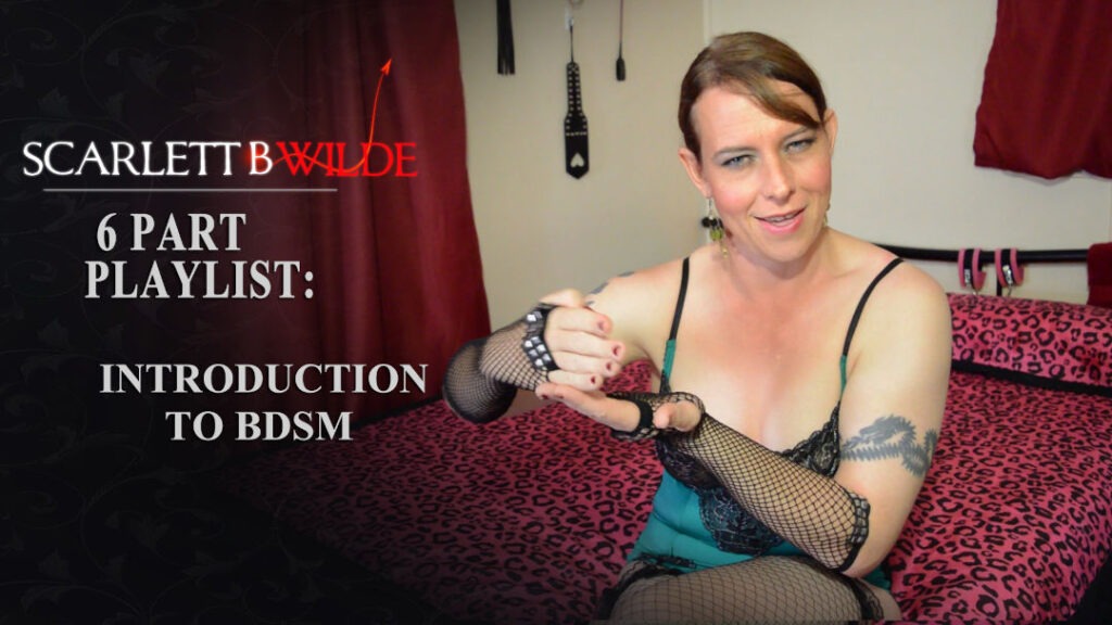 Video still of Scarlett B Wilde talks in a vlog about BDSM play with her clients. She sits on a bed, wears green lingerie, fishnet gloves and stockings