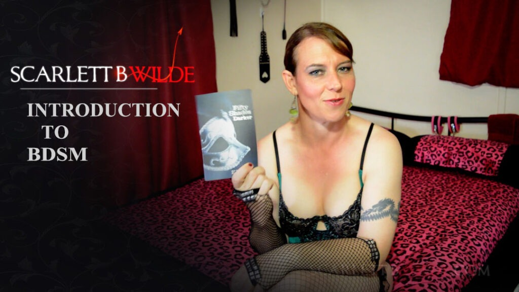 Scarlett B Wilde holds up a copy of Fifty Shades of Grey while wearing a gear and black frilled corset lingerie 