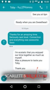 Screenshot of email sent to Scarlett B Wilde praising her service. 
Client: Thanks for an amazing time. Seriously next level. Connection and everything was awesome. 
Scarlett: I'm ecstatic that you enjoyed our time together as much as myself.