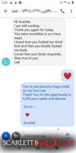 Screenshot of text exchange between Scarlett B Wilde and client.

Client: Hi Scarlett, I am still smiling, thank you again for today. You were incredible in so many ways. I loved how you fucked my mind first and then totally fucked my body.
loved how your body responds. Stay true to you.
Scarlett: You've just placed a huge smile on my face. 
Thank you for the opportunity to fulfill your needs and desires.