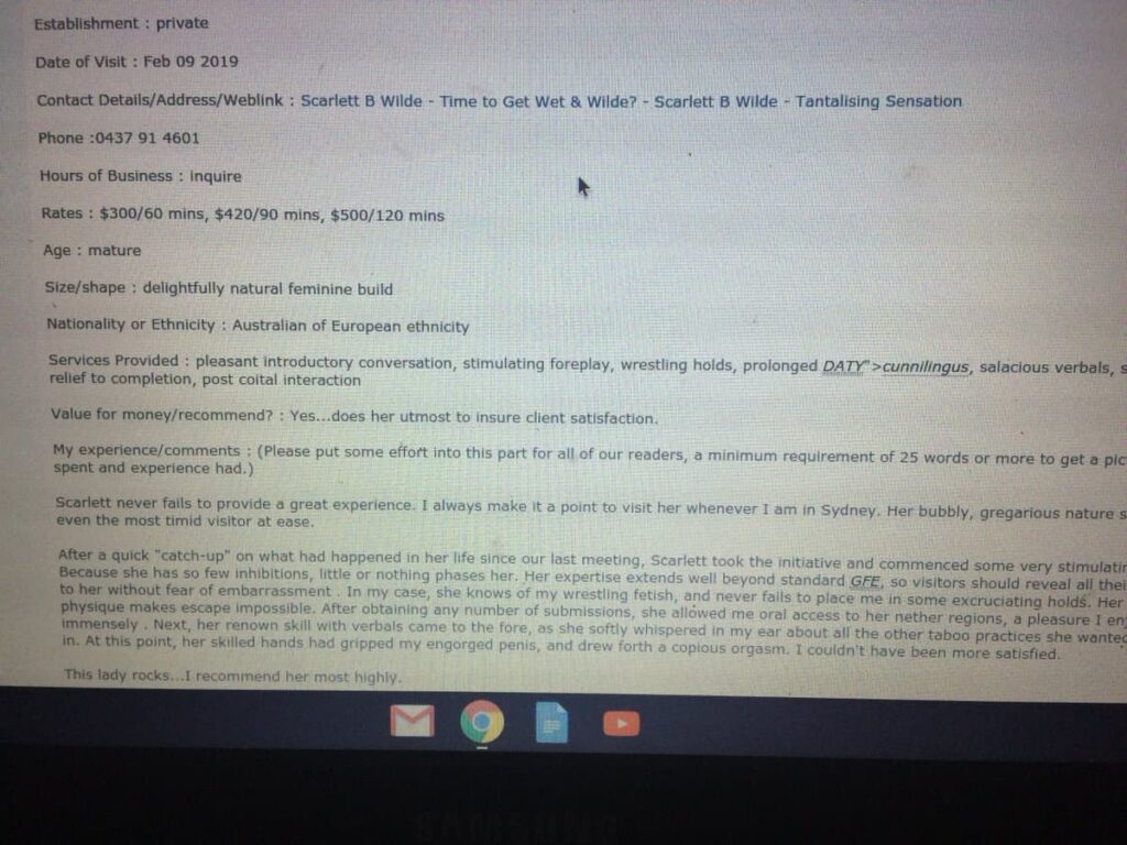 Screenshot of customer review of Scarlett B Wilde. includes a date of review Feb 2019 and details.