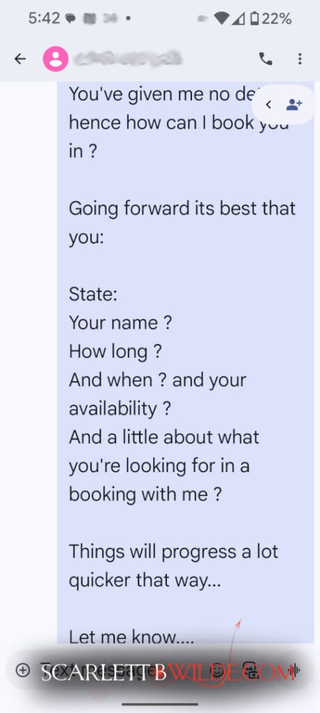 Text message exchange from Australian Mature Escort Scarlett B Wilde asking about name and availability for a booking.