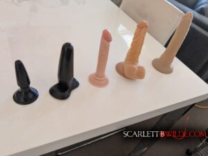 A couple of smaller butt plugs and dildos / anal play toys stand on a table of smaller / average size. All different colours and shapes.