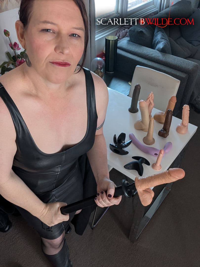 Australian Mature Escort Scarlett B Wilde stands in a short leather dress holding a dildo on a stick. She wears a slight menacing grin on her face. Various dildos / anal play toys sit on a table in the background.